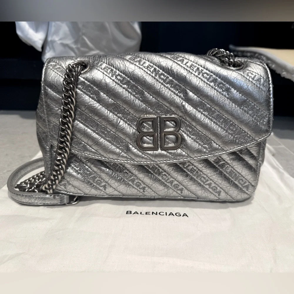 Balenciaga Silver Quilted BB Chain Crossbody Bag
